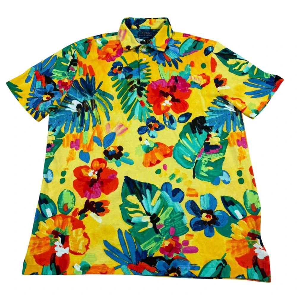 Polo Ralph Lauren Polo Mens L Yellow Tropical Floral Classic Fit Short Sleeve